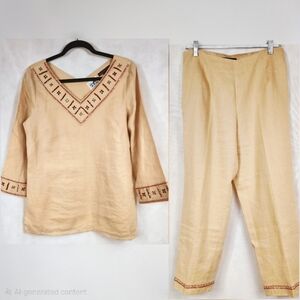 Irish Linen Bead Trim Tunic Pants Set